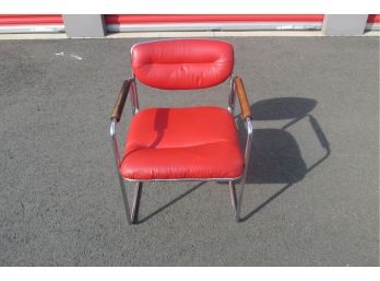 Art Deco Vintage Mid Century Modern MCM Tubular Chrome Red Vinyl Arm Chair