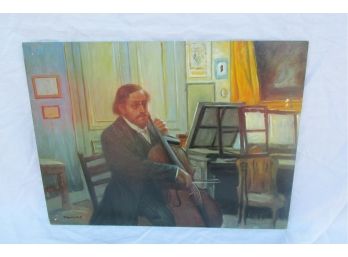 Vintage Oil Painting On Board Of Cellist Appears To Be Signed Martine