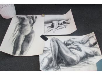 Lot Of 3 Vintage Charcoal Drawings Of Women
