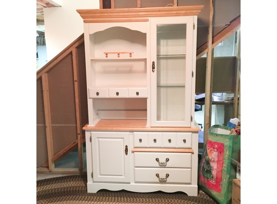White And Natural Wood Hutch With Lighted Cabinet