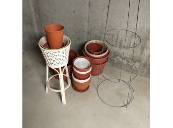 Lot Of Assorted Garden Pots And Tomato Cage