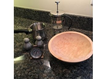 Assorted Kitchen Items Lot With French Press And Wooden Bowl