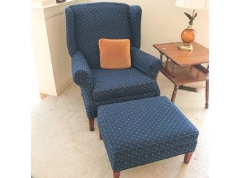 Upholstered Blue Wingback Chair With Ottoman
