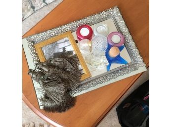 Silver Tray With Tassels, Picture Frame, Candles And Perfume Bottles