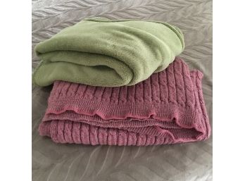 Green Fleece And Purple Sweater Knit Throw Blankets