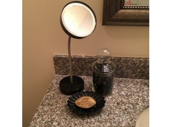 Magnifying Mirror, Glass Jar And Soap Dish
