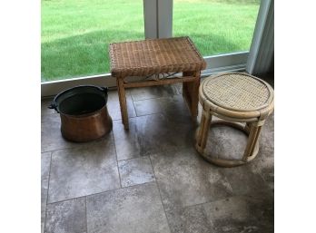 Copper Pot And Wicker Side Tables