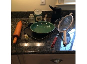 Kitchen Lot With Pans, Wooden Rolling Pin, Can Opener And Colanders