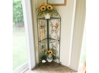 Green Metal Plant Corner Plant Stand With Chimes And Faux Flowers