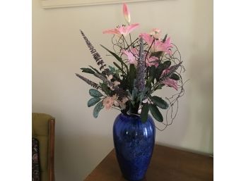 Faux Pink Flowers In A Blue Vase