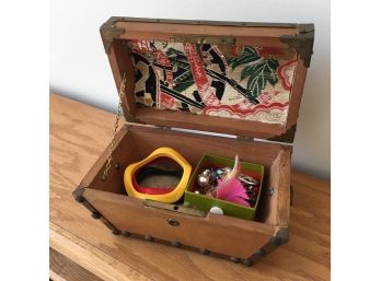 Wooden Chest With Hinged Lid And Costume Jewelry
