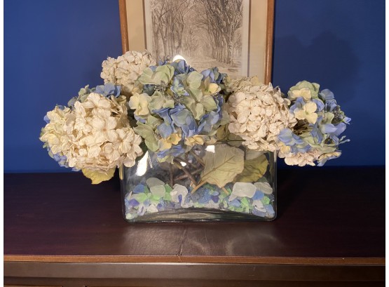 Faux Hydrangea In A Rectangle Glass Pot Filled With Beautiful Sea-glass