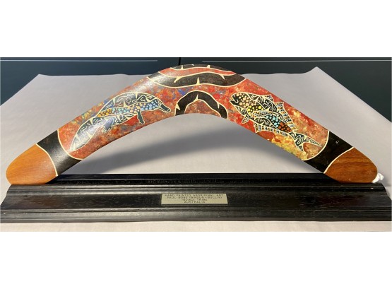 Hand Painted Aboriginal Art Boomerang On A Stand