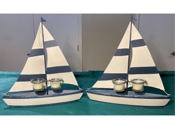 Tin And Wood Sailboat Votive Candle Holders