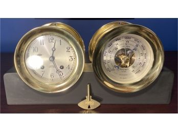Chelsea Ships Bell Heavy Brass Clock And Brass Barometer/Thermometer