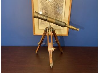 Vintage Brass 'Spyglass' Style Telescope On Wooden Tripod Base