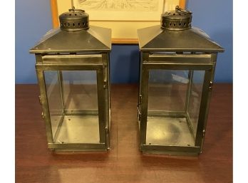 Two Pottery Barn Glass And Tin Lanterns