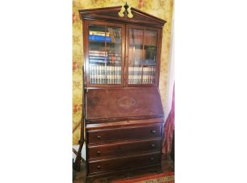 Antique Mahogany Wooden Veneer Secretary Desk With Four Drawers & Glass Doors