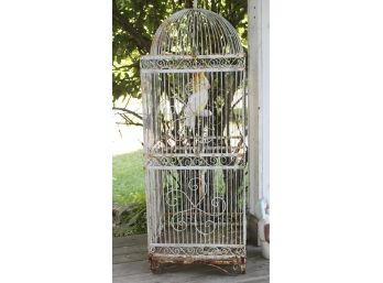 Vintage Wrought Iron Free Standing Bird Cage With Dome Top And Arnart Bird Figurine