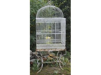 Large Vintage Wrought Iron White Dome Top Bird Cage & Stand