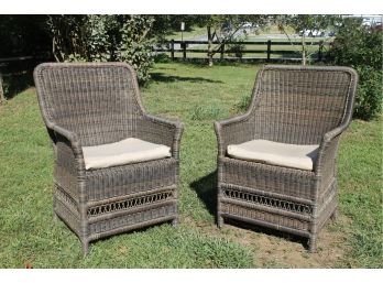 Pair Of Faux Wicker Cushioned Outdoor Sitting Chairs