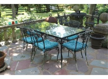 Vintage Wrought Iron Patio Set With Six Cushioned Chair's And New Tempered Glass Top