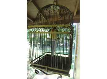 Vintage Wrought Iron Dome Top Hanging Bird Cage Includes Arnalt Ceramic Parrot