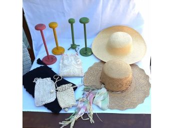 Straw Hats, Hat Stands, Crocheted Pocketbooks And Kids Gloves