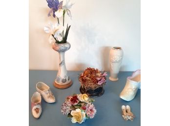 Boudoir Items, China Shoes And Art Nouveau Vase Lot
