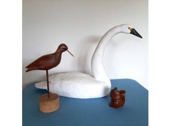 Large Carved And Painted Swan, Brown Bird On Stand And Small Squirrel Decorative Piece