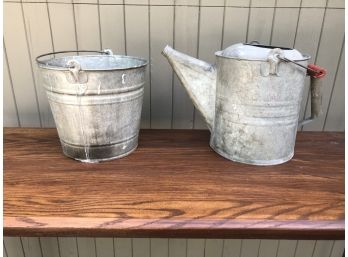 Antique Galvanizes Bucket And Watering Can