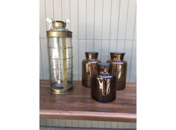 Brass Lantern And Amber Glass Jars