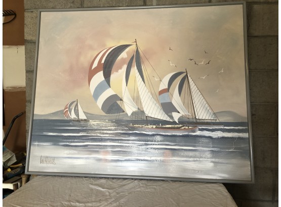 Huge 41x51 Canvas Sailboat Painting Signed By Lee Reynolds