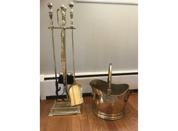 Brass Fireplace Tools And Scuttle Bucket
