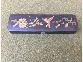 Antique Chinese Quill Pen Hinged Locking Paper-Mache Pen Case Box. Flowers Bird Decoration.
