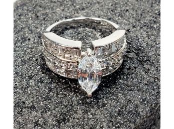 Sterling Silver Diamond Ring  With Large Center Stone Marquis Quartz
