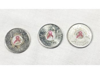 3 Canadian Breast Cancer Quarters With Pink Ribbon