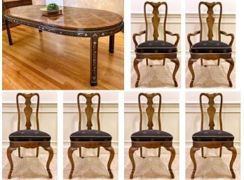 Drexel Heritage Walnut And Mahogany Dining Set With Hand Painted Chinoiserie Motif And 6 Chairs