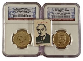 Pair Of Presidential $1.00 Coins & Stamp