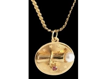 14K Gold Tested 20' Chain With Round Pendant & A Pearl And Pink Gem 9.4 Grams