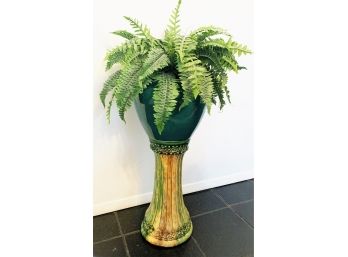 Majolica Pedestal With Faux Fern In Green Ceramic Planter