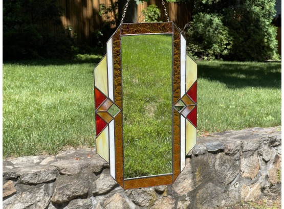 Deco Style Stained Glass Wall Mirror In Amber Tones