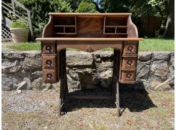 Carved Oak Desk On Antique Singer Manufacturing Co. Base