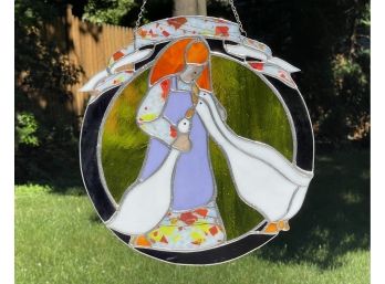 Lovely Hand Crafted 'Goose Girl' Stained Glass Panel
