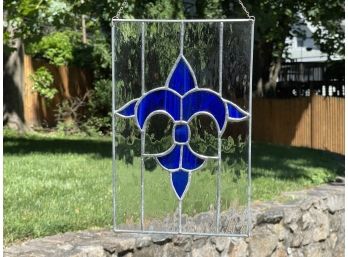 Cobalt Blue Fleur-De-Lis Stained Glass Panel