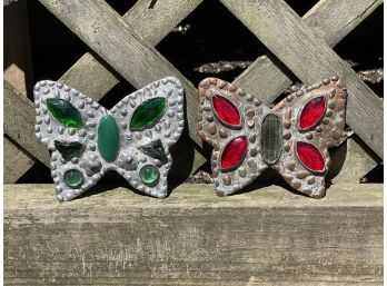 Two Hand Crafted Butterflies, Set With Faceted Glass