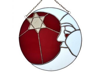 Moon & Mirrored Star Circular Stained Glass Panel
