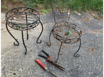 2 Metal Plant Stand And 2 Gardening Tools
