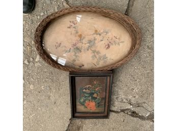 2 Vintage Items A Print Of A Kitty In A Heavy Frame And A Basket Tray With Flower Print