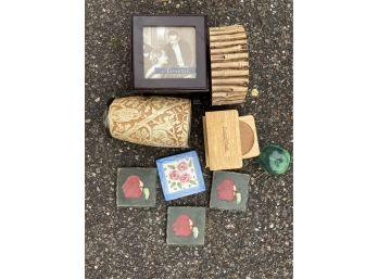 Coasters, Vase, Picture Frame/box, And A Pot For A Plant With A Green Apple.